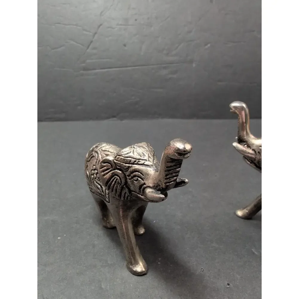 Lot Of 2 India Metal Elephants Hand Carved Collectible Trunks UpFigures 4